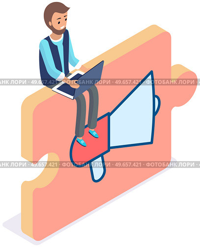 Online business advertising and outbound marketing concept. Man works with online advertising. Freelancer sitting on loudspeaker and working with laptop. Internet marketing using technology. Man works with online advertising. Freelancer sitting on loudspeaker and working with laptop. Стоковая иллюстрация, агентство Ingram Publishing / Фотобанк Лори