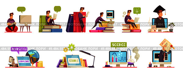 Online degree college university education courses with qualification diploma 12 cartoon compositions horizontal set isolated vector illustration. Стоковая иллюстрация, агентство Ingram Publishing / Фотобанк Лори