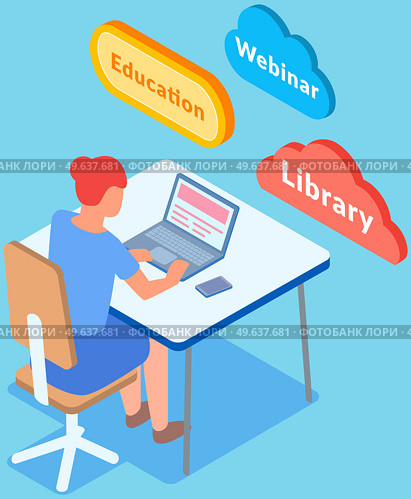 Online education or remote work concept. Student learning, working at home. Woman is sitting at desk, looking at computer screen with online library. Books and educational programs in laptop. Student is learning, working at home. Books, remote work and educational programs in laptop. Стоковая иллюстрация, агентство Ingram Publishing / Фотобанк Лори
