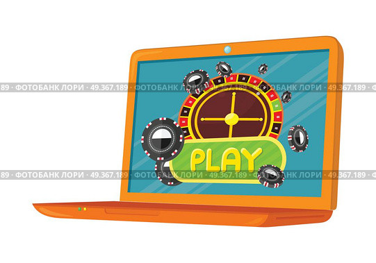 Online Games Banner Laptop Casino Roulette Wheel. Online games web banner with laptop casino roulette wheel isolated on white. Online play concept. Casino jackpot, luck game, chance and gamble, lucky fortune. Vector illustration in flat style. Стоковая иллюстрация, агентство Ingram Publishing / Фотобанк Лори