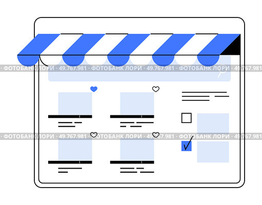 Online marketplace with a blue and white awning, product listings, heart icons, and a checkmark. Ideal for e-commerce, online shopping, web design, retail, and digital marketing visuals. Flat vector s. Online Marketplace with Product Listings and Storefront Awning. Стоковая иллюстрация, агентство Ingram Publishing / Фотобанк Лори