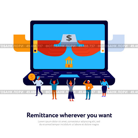 Online payment concept with customers and money order on laptop screen on white background flat vector illustration. Стоковая иллюстрация, агентство Ingram Publishing / Фотобанк Лори