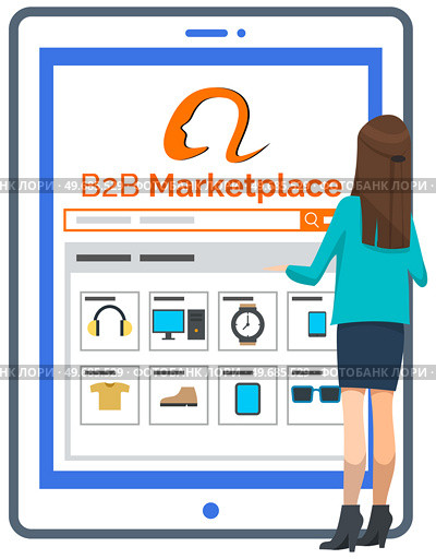Online shop, internet store in tablet. Customer woman choosing products at website. B2b marketplace. Spending money at goods in e-store. Purchasing manager looking at shopping program on screen. Purchasing manager looking at shopping program on screen. Customer woman chooses products at website. Стоковая иллюстрация, агентство Ingram Publishing / Фотобанк Лори