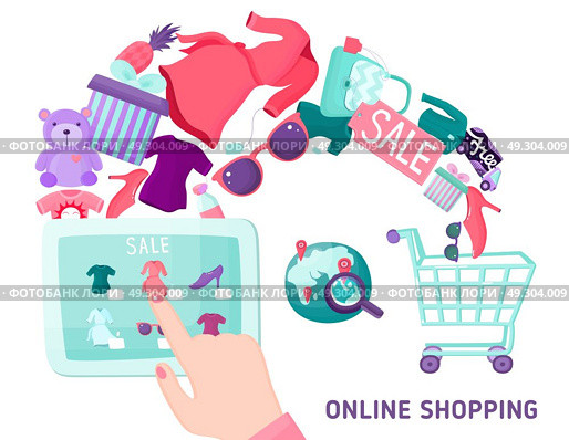 Online Shopping Touchscreen Concept. Online shopping composition with hand drawn style tablet geolocation shopping cart basket and goods for sale vector illustration. Стоковая иллюстрация, агентство Ingram Publishing / Фотобанк Лори