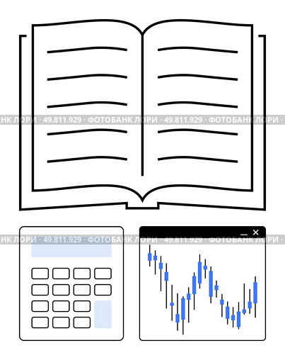 Open book above a calculator and stock chart window with a blue trendline. Ideal for financial education, investing, bookkeeping, market analysis, academic research, trading tutorials, data study. Open Book with Calculator and Stock Chart Window Highlighting Analysis and Study. Стоковая иллюстрация, агентство Ingram Publishing / Фотобанк Лори