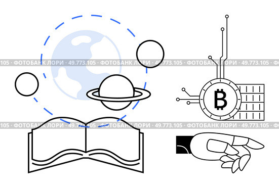 Open book with planets and orbits, Bitcoin sign with circuit board, robotic hand pointing. Ideal for education, technology, cryptocurrency, science fiction, digital transformation. Minimalist, modern. Open Book with Planet Symbols, Bitcoin and Robotic Hand. Стоковая иллюстрация, агентство Ingram Publishing / Фотобанк Лори