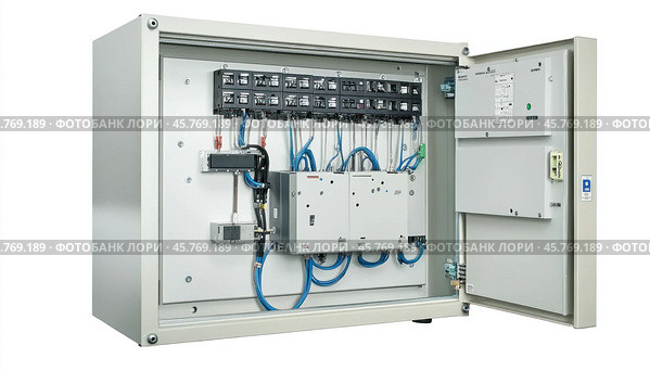Open electrical cabinet showing fuses, wires, and components. Стоковое AI-изображение, AI-художник Юрий Поздников / Фотобанк Лори