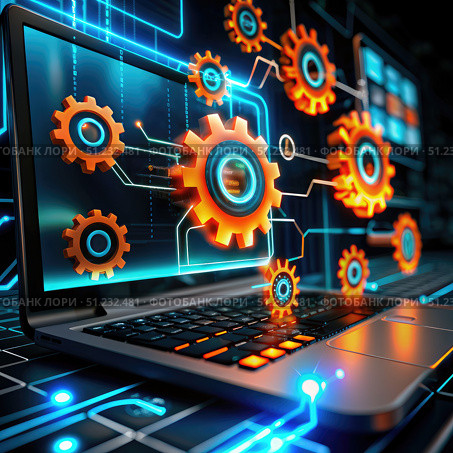Open Laptop Displaying Software Integration and Enhancement Gears. Generative AI. Стоковое AI-изображение, AI-художник Roman Zavorotny / Фотобанк Лори