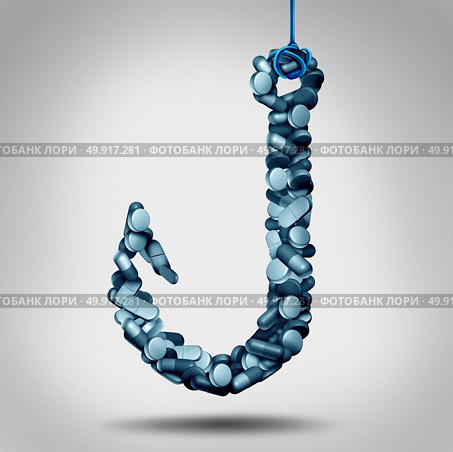 Opioid addiction health risk and medical crisis with a prescription painkiller addiction epidemic concept as a group of dangerous addictive medicine pills shaped as a hook as a 3D illustration. Стоковое фото, агентство Ingram Publishing / Фотобанк Лори