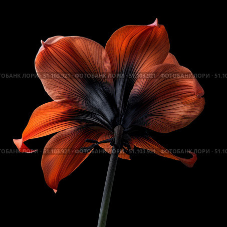 Orange amaryllis flower blooming showing petals and stem on black background. Стоковое AI-изображение, AI-художник Иван Рябоконь / Фотобанк Лори