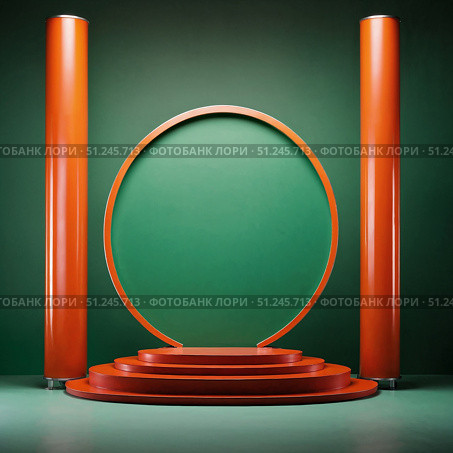 Orange and green autumn podium with circular pillars. Стоковое AI-изображение, AI-художник Лариса Пономарева / Фотобанк Лори