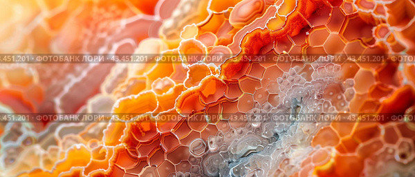 Orange and white carnelian surface with crystals as background for prints. Honeycomb alike structure. Стоковое AI-изображение, AI-художник Катерина Ковалева / Фотобанк Лори
