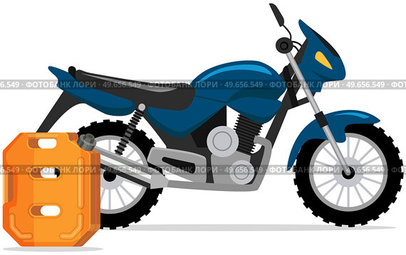 Orange canister with lid near motorbike. Preserving container for storing propane. Canister with fuel for refueling vehicles. Motorcycle refueling substance storage equipment vector illustration. Motorcycle refueling substance storage equipment. Canister with fuel for vehicle, motorbike. Стоковая иллюстрация, агентство Ingram Publishing / Фотобанк Лори