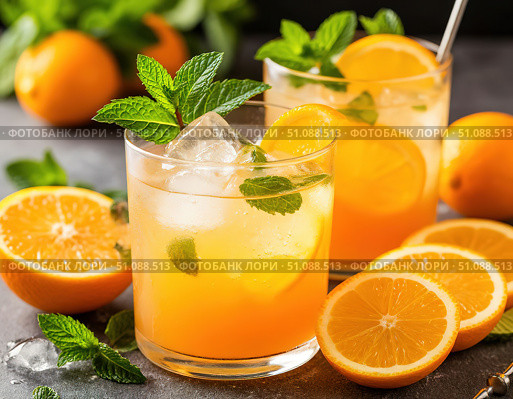 Orange citrus cocktail with ice refreshing summer fruit drink. Стоковое AI-изображение, AI-художник Ирина Самойлова / Фотобанк Лори