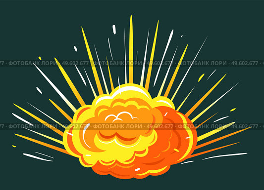 Orange explosion with cloud of dust. Impact of asteroid or meteorite, big bang in motion with fire. Isolated burst in space, bright and radial bursting with smoke. Vector illustration in flat style. Explosion in Space, Bright Bang with Cloud of Dust. Стоковая иллюстрация, агентство Ingram Publishing / Фотобанк Лори
