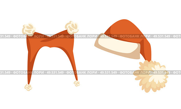 Orange hat with two pompons and cap with big furry ball in flat style isolated on white. Set of Santa headdress, part of winter holiday costume vector. Set of Santa Hat with Furry Balls Vector Isolated. Стоковая иллюстрация, агентство Ingram Publishing / Фотобанк Лори