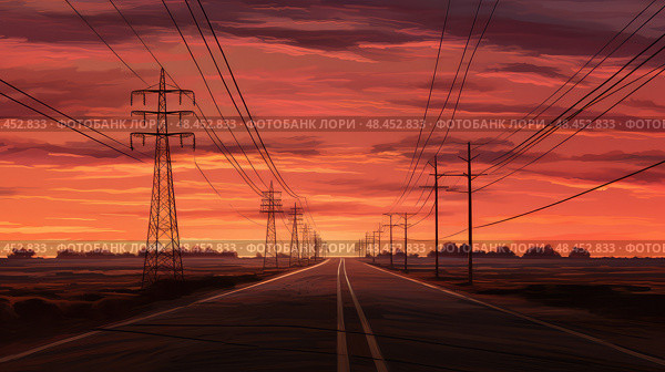 orange powerlines road ai generated. Стоковое AI-изображение, AI-художник Vectorwin / Фотобанк Лори