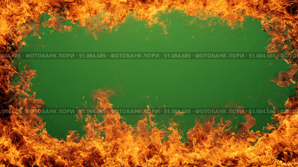 Orange Red Flames Engulf on green screen background. Vibrant fire animated on green backdrop. Burning flame animation. Frame Template. Chroma key. Motion graphics. Creative video for overlay. Inferno. Стоковое AI-изображение, AI-художник Марина Демидюк / Фотобанк Лори