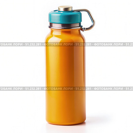 Orange Reusable Water Bottle With Teal Lid and Carabiner. Generative AI. Стоковое AI-изображение, AI-художник Roman Zavorotny / Фотобанк Лори