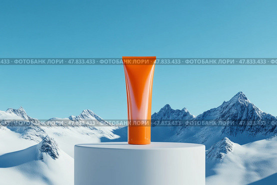 Orange white tube with suntan lotion placed on the podium on a blue sky with mountains background. Cosmetic face cream mock-up on a pedestal. Blank plastic package mockup. Skincare product template. Стоковое AI-изображение, AI-художник Марина Демидюк / Фотобанк Лори