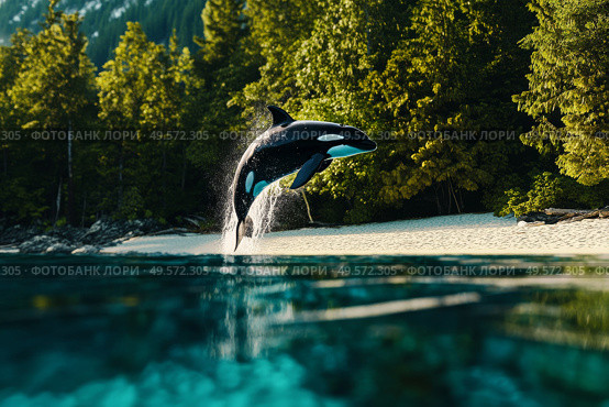 Orca Breaches the Water Near a Lush Shoreline in Early Morning Light. Стоковое AI-изображение, AI-художник Юлия Гапеенко / Фотобанк Лори
