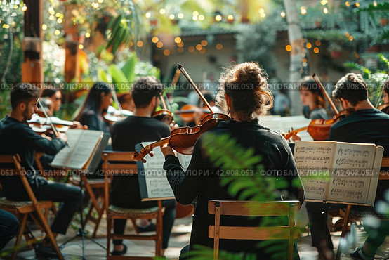 Orchestra with violins in the garden. Стоковое AI-изображение, AI-художник Анна Кривицкая / Фотобанк Лори