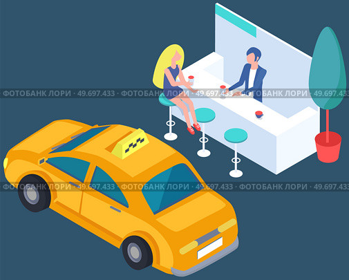 Ordered yellow city taxi auto for young beautiful woman. Girl in nightclub ordering passenger transport. Service for transporting people around city. Lady sitting in bar or cafe near taxi car. Lady sitting in bar or cafe near taxi car. Girl in nightclub ordering passenger transport. Стоковая иллюстрация, агентство Ingram Publishing / Фотобанк Лори