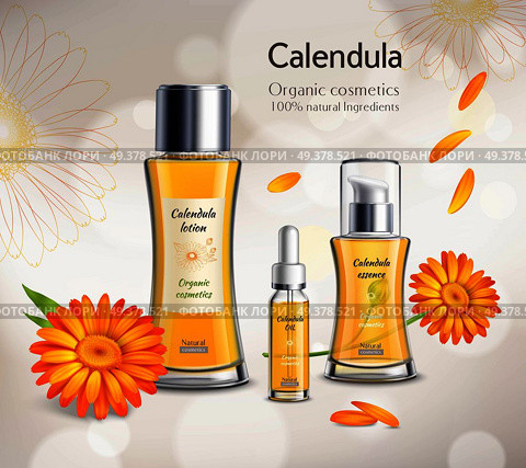 Organic cosmetics skincare products realistic advertisement poster with calendula extract essence lotion and oil background vector illustration . Cosmetics Products Realistic Advertisement Poster . Стоковая иллюстрация, агентство Ingram Publishing / Фотобанк Лори