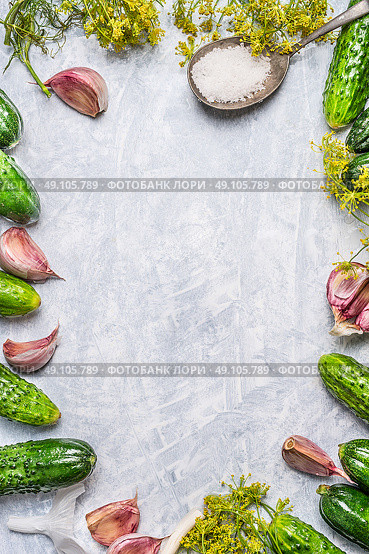Organic cucumbers and ingredients for pickling  on light wooden background,top view,frame. Стоковое фото, агентство Ingram Publishing / Фотобанк Лори