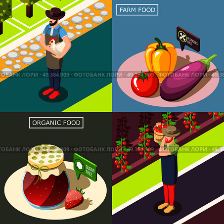 Organic food, vegetable harvest without pesticides, preserves from berries without sugar, isometric design concept isolated vector illustration. Organic Food Isometric Design Concept. Стоковая иллюстрация, агентство Ingram Publishing / Фотобанк Лори