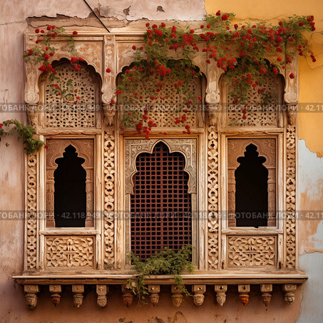 Ornament lattice window in india. Стоковое AI-изображение, AI-художник Михаил Коханчиков / Фотобанк Лори
