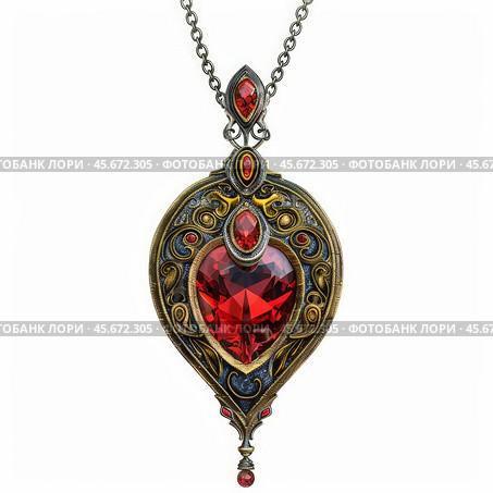 Ornate golden locket holding sparkling red gemstone hanging on silver chain. Стоковое AI-изображение, AI-художник Иван Рябоконь / Фотобанк Лори