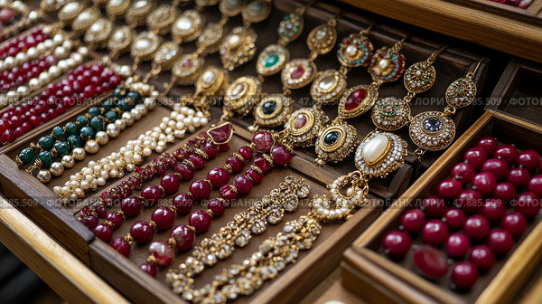 Ornate jewelry pieces are artistically arranged, showcasing a variety of bangles, earrings, and necklaces made with pearls and gemstones. Стоковое AI-изображение, AI-художник Данила Большаков / Фотобанк Лори