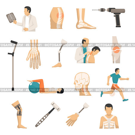 Orthopedics Color Icons Set. Orthopedics and prosthetics medicine isolated icons with bones of vertebral column arm and foot prosthesis and medical hammer and drill vector illustration. Стоковая иллюстрация, агентство Ingram Publishing / Фотобанк Лори