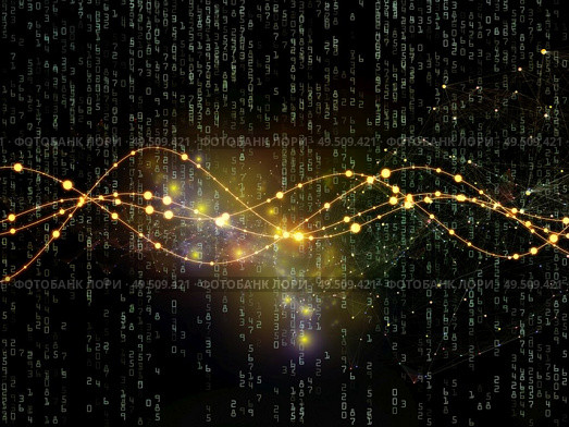 Oscillating sine waves, numbers, lights and network nodes backdrop on the subject of networking and information technology. Стоковое фото, агентство Ingram Publishing / Фотобанк Лори