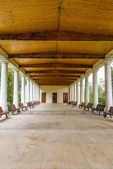 Ostafyevo Estate. Outdoors gallery with wooden ceiling. The former country estate of the Vyazemsky-Sheremetevs in the village of Ostafyevo. Редакционное фото, фотограф Константин Григорьев / Фотобанк Лори