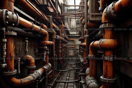 Outdated Rusty deteriorated pipes water system. Generate ai. Стоковое AI-изображение, AI-художник Иван Рябоконь / Фотобанк Лори