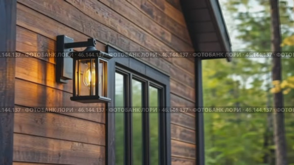 Outdoor Lantern on a Rustic Wooden Wall of Cottage Facade. Vintage iron lantern. Exterior design elements. Classic lamp. Decorative architecture objects of evening lighting with warm glow, copy space. Стоковое AI-видео, аниматор Марина Демидюк / Фотобанк Лори
