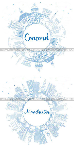 Outline Manchester and Concord New Hampshire City Skyline Set. Стоковая иллюстрация, иллюстратор Игорь Сорокин / Фотобанк Лори