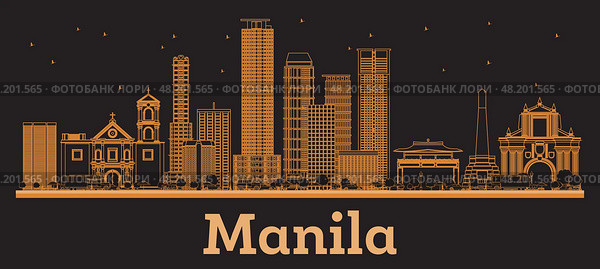 Outline Manila Philippines City Skyline with orange Buildings. Business Travel and Concept with Modern Architecture. Manila Cityscape with Landmarks. Стоковая иллюстрация, иллюстратор Игорь Сорокин / Фотобанк Лори