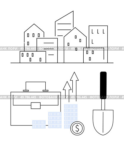 Outline of city buildings with briefcase, stacks of coins, arrows showing growth, and a trowel. Ideal for real estate, city planning, investment, business growth, construction urbanization economic. Cityscape with Office Buildings, Briefcase, Coin, Growing Diagram, Trowel Indicating Urban Development. Стоковая иллюстрация, агентство Ingram Publishing / Фотобанк Лори