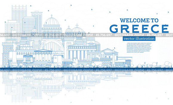 Outline Welcome to Greece City Skyline with Blue Buildings and Reflections. Стоковая иллюстрация, иллюстратор Игорь Сорокин / Фотобанк Лори