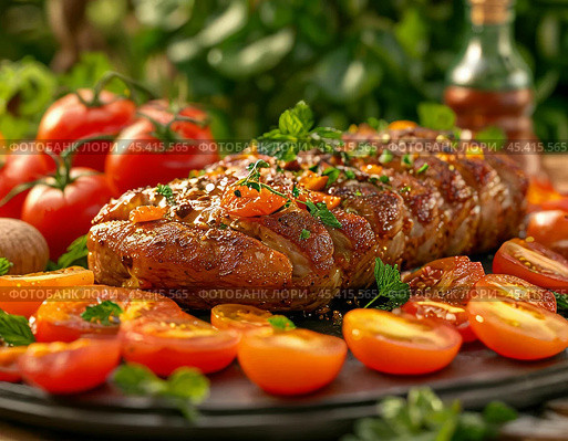 Oven-baked pork with vegetables. Enjoy your meal! Стоковое AI-изображение, AI-художник Сергей Елизарьев / Фотобанк Лори