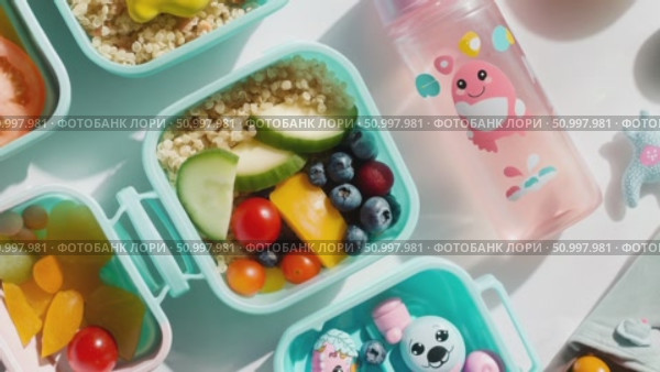 Overhead view of light blue lunch containers holding quinoa, cucumber, blueberries, tomatoes, bell peppers beside pink water bottle, representing nutritious midday eating. Стоковое AI-видео, аниматор Данил Руденко / Фотобанк Лори