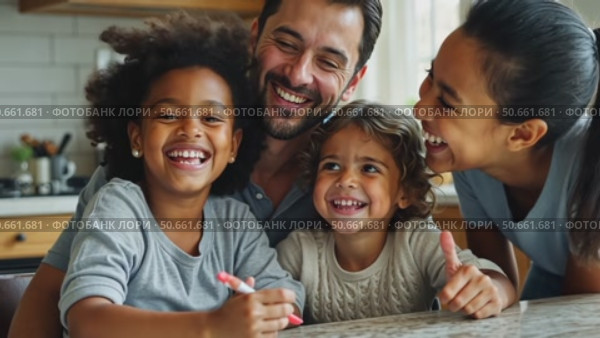 Overjoyed biracial family with kids have fun at home. Стоковое AI-видео, аниматор Sergey Grishin / Фотобанк Лори