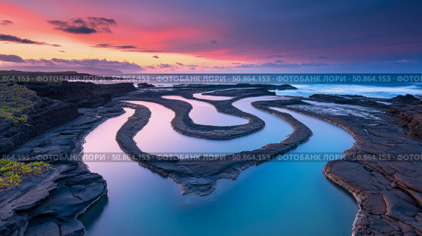 Pacific Paradise: A serene coastal scene with tidal pool formations reflecting a colorful sunset sky. Стоковое AI-изображение, AI-художник Данила Большаков / Фотобанк Лори
