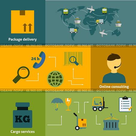 Package delivery online cargo service consulting global worldwide logistics concept horizontal banners set abstract isolated vector illustration. Стоковая иллюстрация, агентство Ingram Publishing / Фотобанк Лори