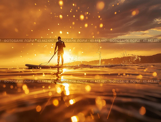 Paddleboarder at Sunset. Стоковое AI-изображение, AI-художник Кирилл Черезов / Фотобанк Лори