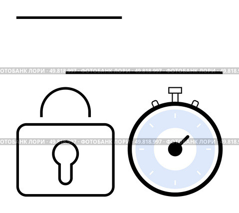 Padlock alongside a stopwatch representing security and punctuality. Ideal for themes of security, time management, productivity, efficiency, deadline, protection, privacy. Line metaphor. Protection and Time Management Black and White Padlock and Stopwatch Symbols. Стоковая иллюстрация, агентство Ingram Publishing / Фотобанк Лори