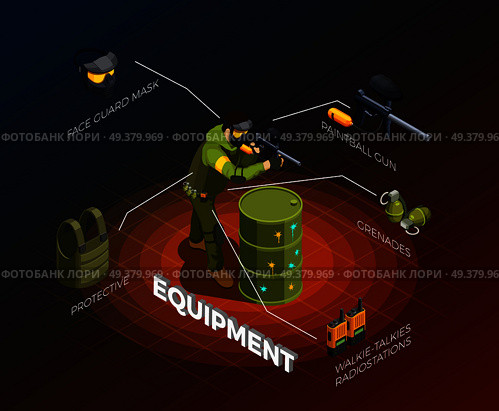 Paintball isometric composition of uniformed fighter character with gun and isolated elements of his ammunition vector illustration. Paintball Player Isometric Infographics. Стоковая иллюстрация, агентство Ingram Publishing / Фотобанк Лори